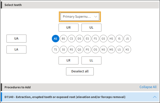 Select teeth section with yellow highlight box around Primary Supernumerary selection.